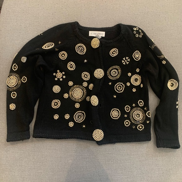 Victoria Harbour Black Cotton Cardigan with Gold Beaded Accents - Picture 1 of 10